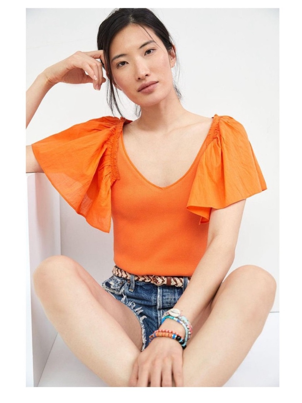 Anthropologie Maeve Orange Flutter-Sleeve blouse